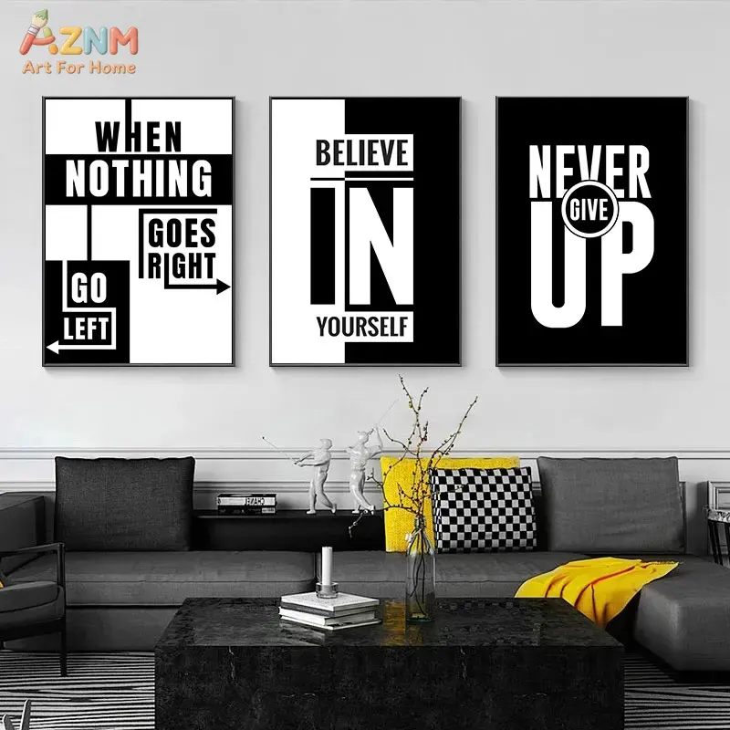 Home Office Room Inspiration - AZNM Schwarz-Weißes Motivationszitat, Leinwand-Wandbild, inspirierender Textdruck,